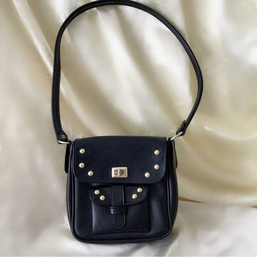 Vintage 80s black leather silver rivet purse shoulder bag